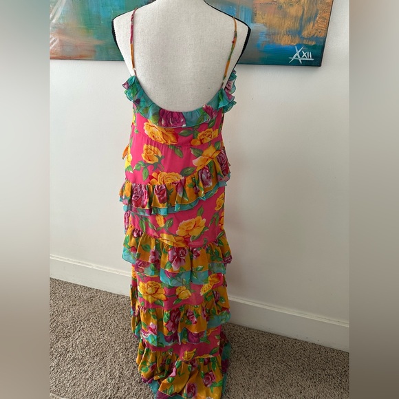Betsey Johnson NWT Rare Vintage Silk Pink Yellow Roses Tiered Ruffle Maxi Dress - Picture 6 of 14